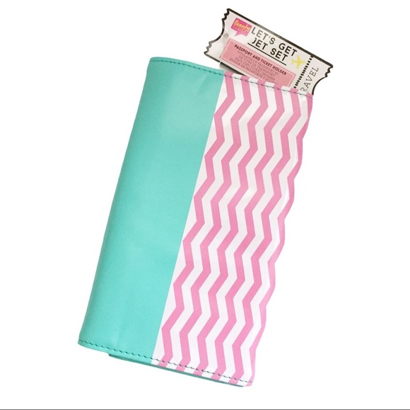 NWT BEAUTY JUNKY (ASOS) Let’s Get Jet Set Passport Holder Pink/Teal One Size - Picture 6 of 8